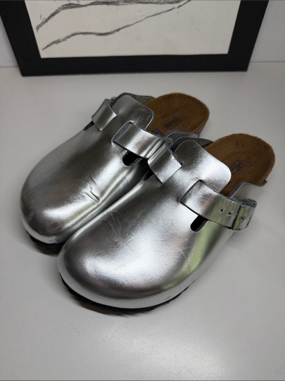 Birkenstock Boston clogs in a rare metallic silver leather finish Women US 7